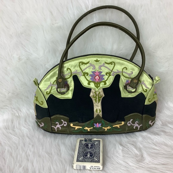 Oovoo Designs Handbags - Green Black Floral Hand Embroidered Bowling Bag Like Satchel Bag